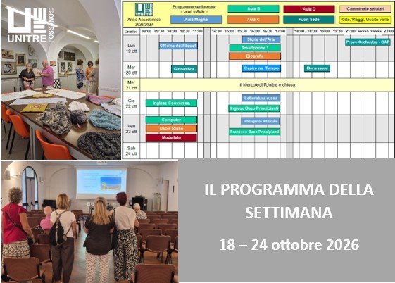 Calendario settimanale dal 18 al 24 ottobre 2026